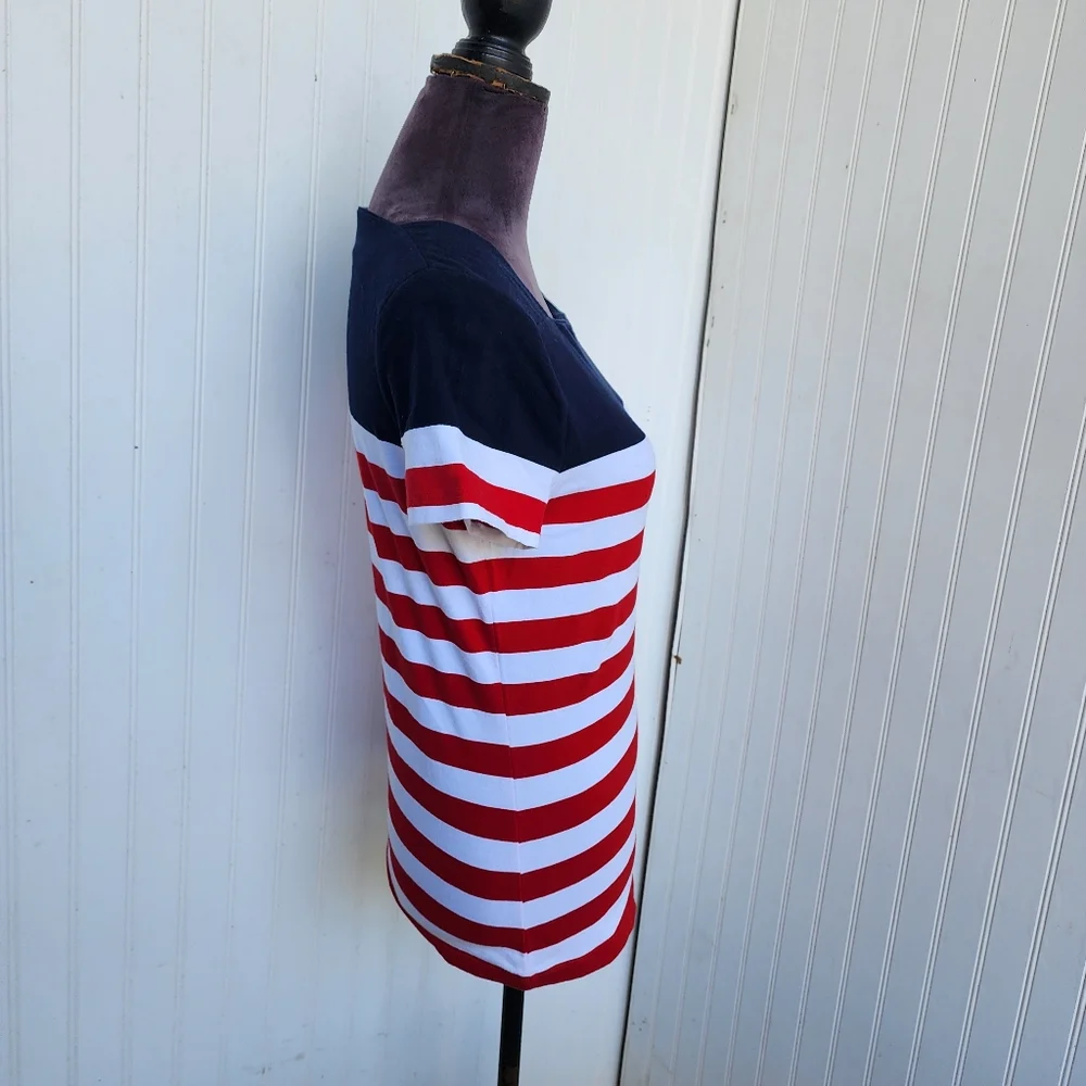 Chaps Classics Navy White Red Stripe Square Neck Short Sleeve T Shirt Nautical M - Picture 4 of 10